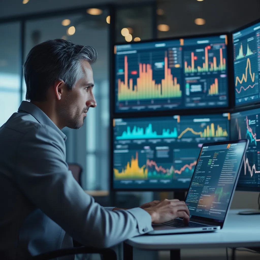 Consultor analizando datos complejos en múltiples pantallas